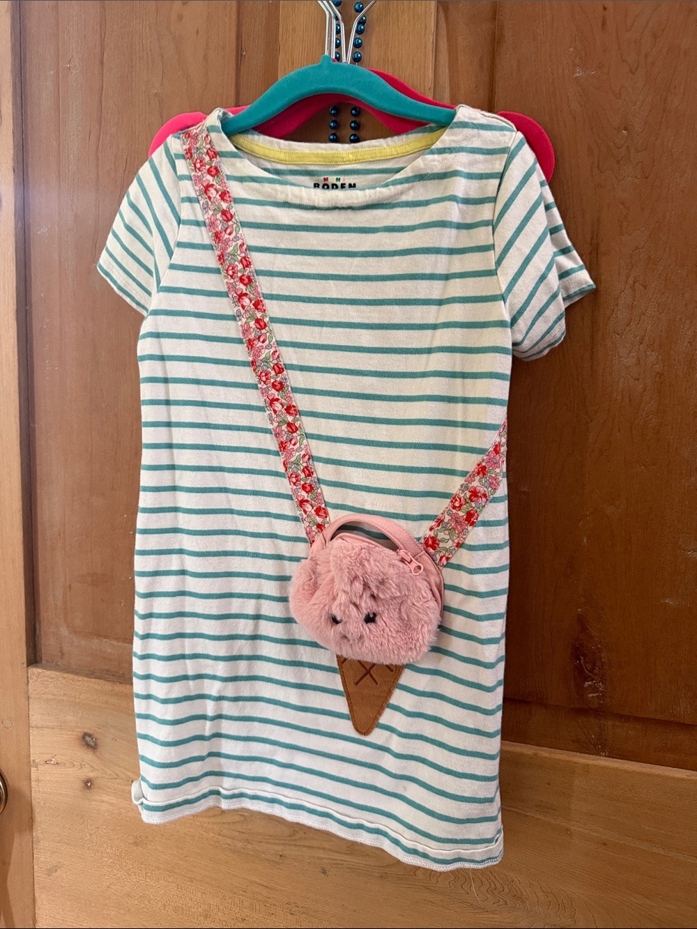 Mini Boden Striped Cotton Tee Dress with Pink Plush Ice Cream Bag